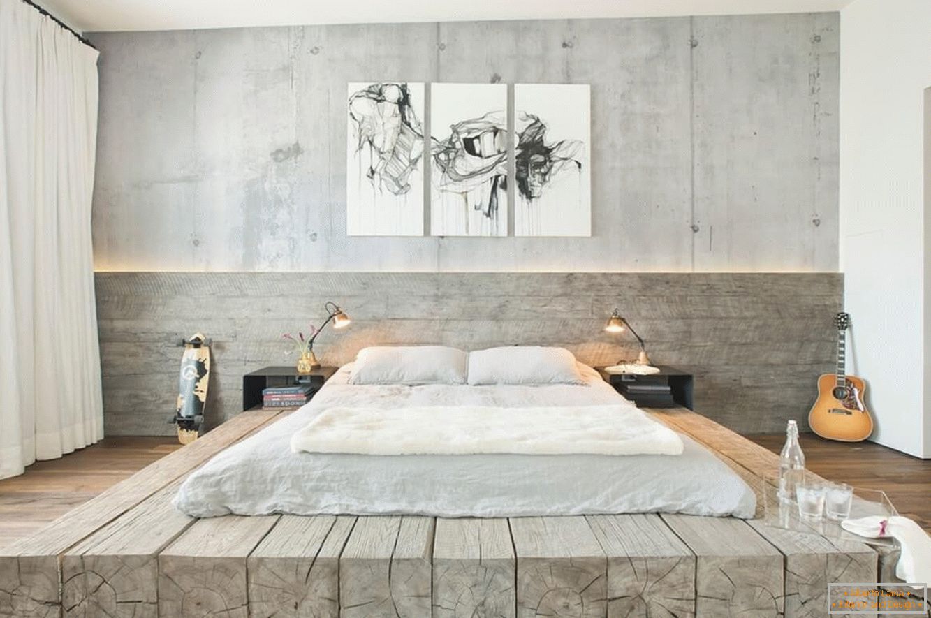 Drewno i beton w sypialni