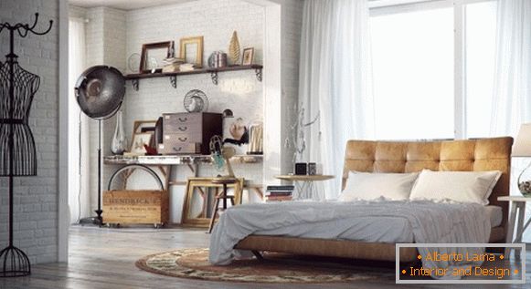Vintage sypialnia z łóżkiem ze skóry