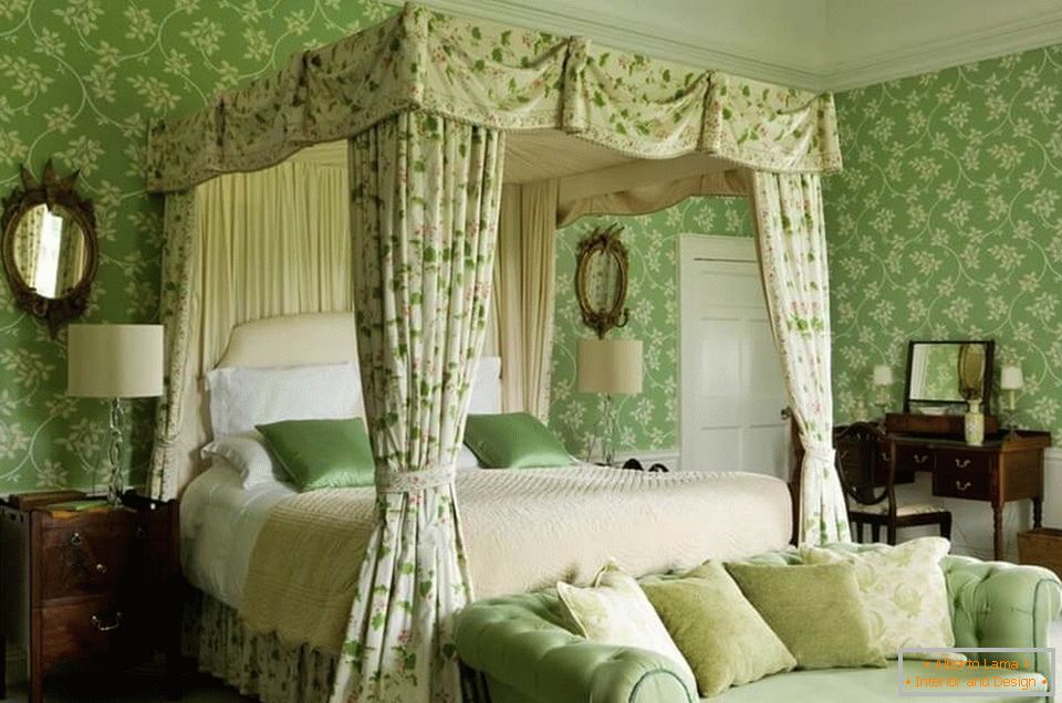 Wnętrze sypialni w kolorach zielonym