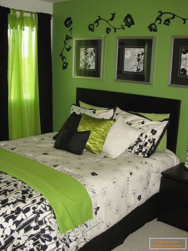Połączenie zieleni i czerni we wnętrzu sypialni