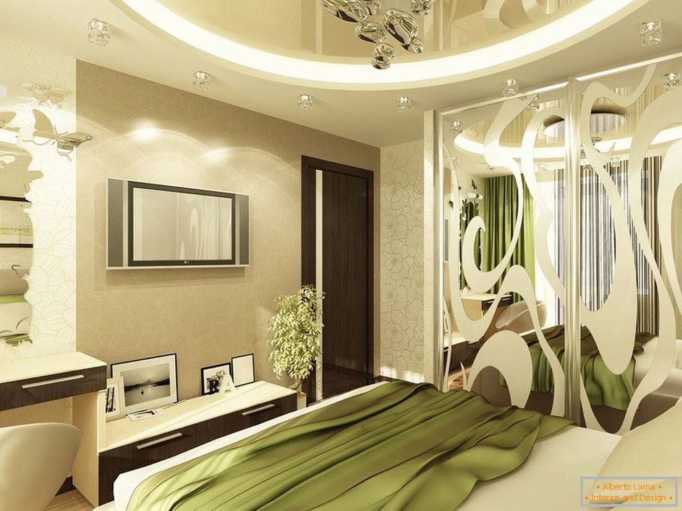 Wnętrze sypialni w odcieniach zieleni i jasnobeżowych