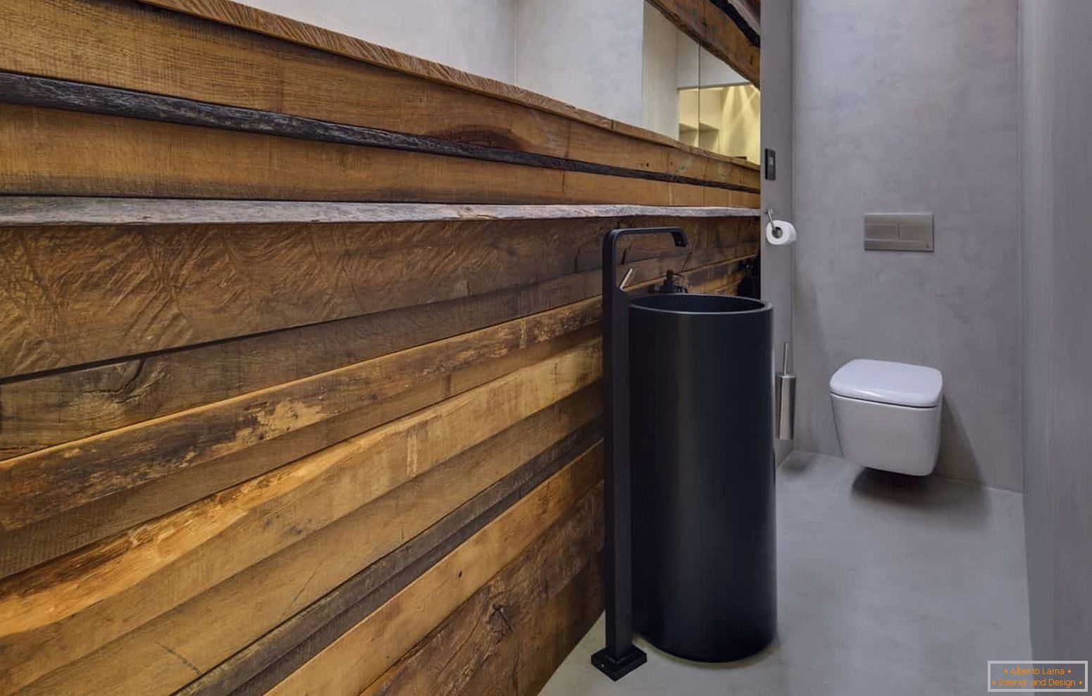 Nowoczesny design małej toalety w ekologicznym stylu z nietypową powłoką