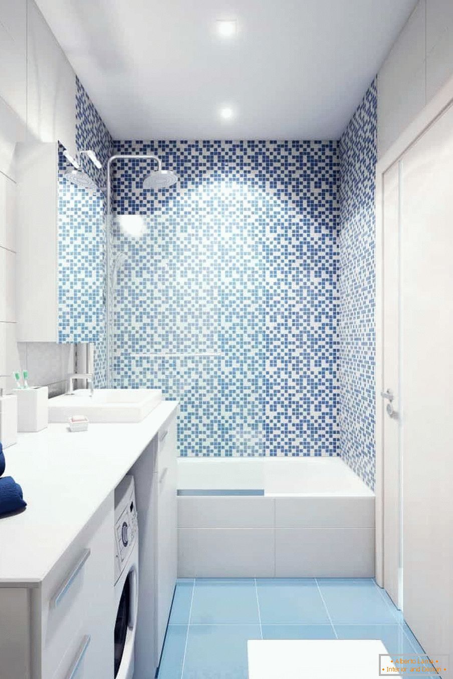Biało-niebieska łazienka w domu panelowym