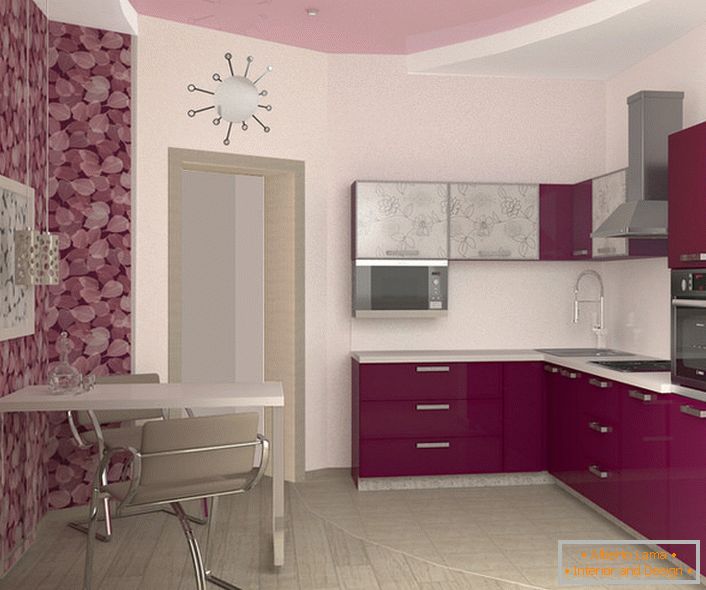 Delikatne odcienie fioletowego wykwintnego wyglądu w kuchni, której powierzchnia wynosi 12 metrów kwadratowych. Klasyczny i dość wygodny projekt dla zwykłego mieszkania miejskiego.