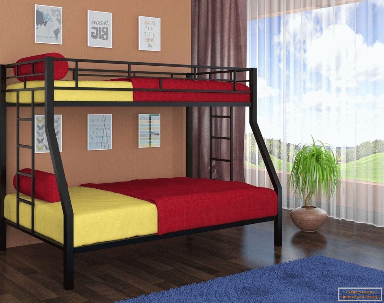 Żółta i czerwona pościel w łóżku piętrowym