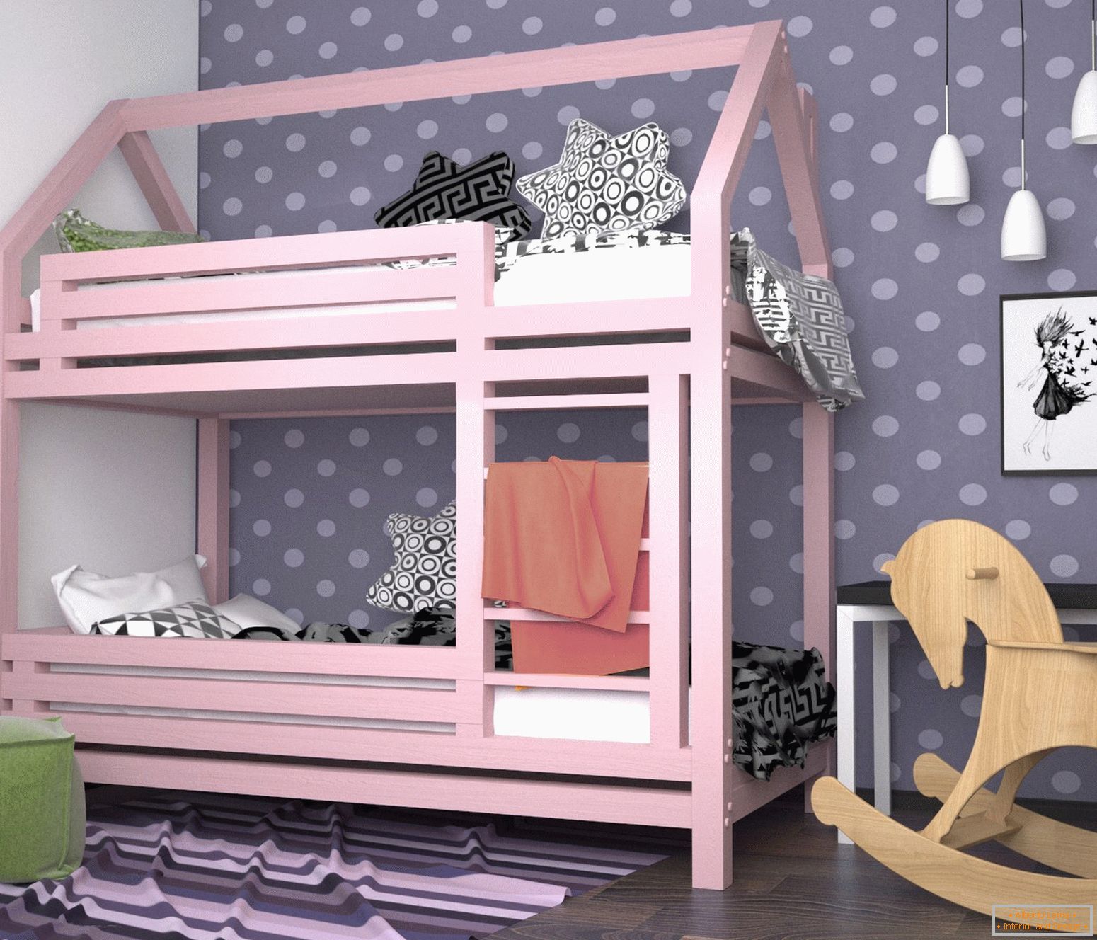 Różowe łóżko piętrowe w pokoju dziecinnym dla dziewczynki