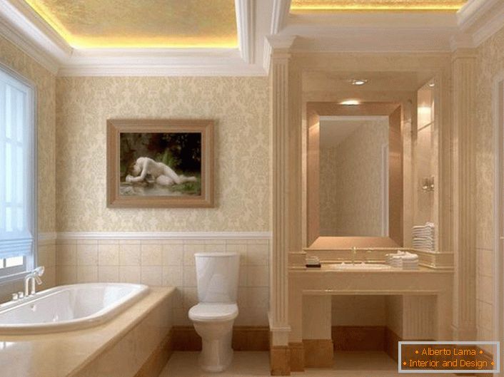 Sztukateria to harmonijny element wnętrza w stylu Art Nouveau. Dwupoziomowe sufity są wyposażone w odpowiednie oświetlenie. Taśma LED, emitująca ciepłe, żółte światło, sprawia, że ​​atmosfera w łazience jest romantyczna.