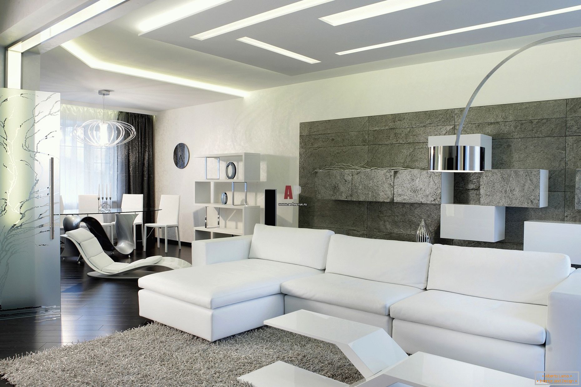 Białe wnętrze gości w minimalistycznym stylu zasługuje na nowoczesny, odważny design z nutą high-tech.