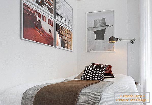 Sypialnia luksusowych małych apartamentów w Szwecji