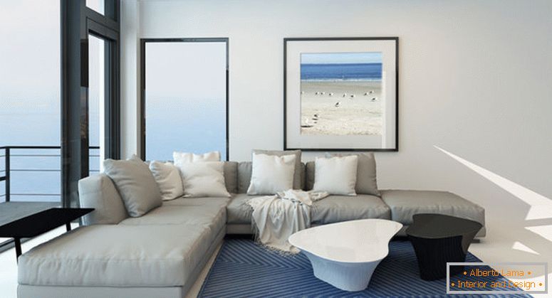 Nowoczesny salon na nabrzeżu z jasnym, przestronnym wnętrzem salonu z wygodnym, nowoczesnym, tapicerowanym szarym apartamentem, dziełem sztuki na ścianie i dużym panoramicznym oknem wzdłuż jednej ściany z widokiem na ocean