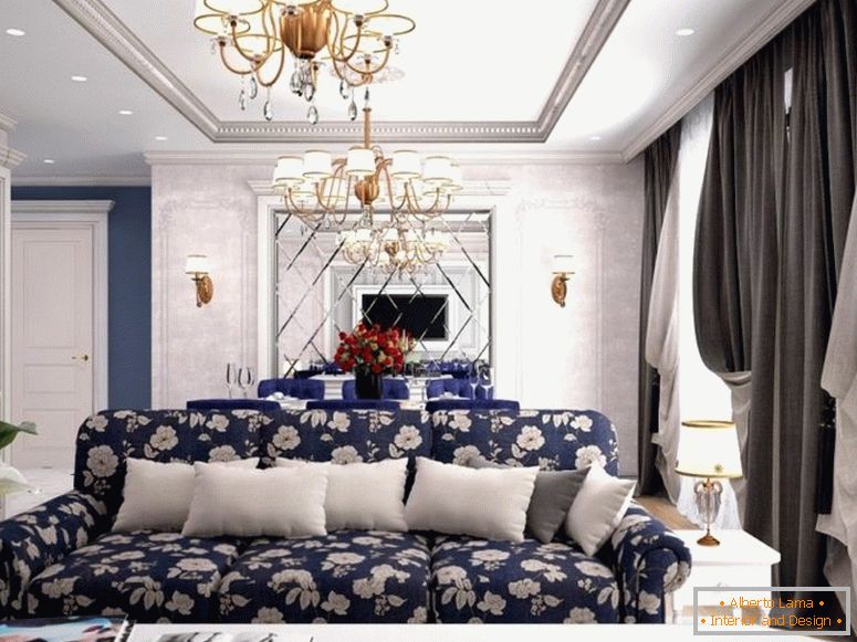 salon w stylu klasycznym z dwoma żyrandolami i lustrzanymi ścianami