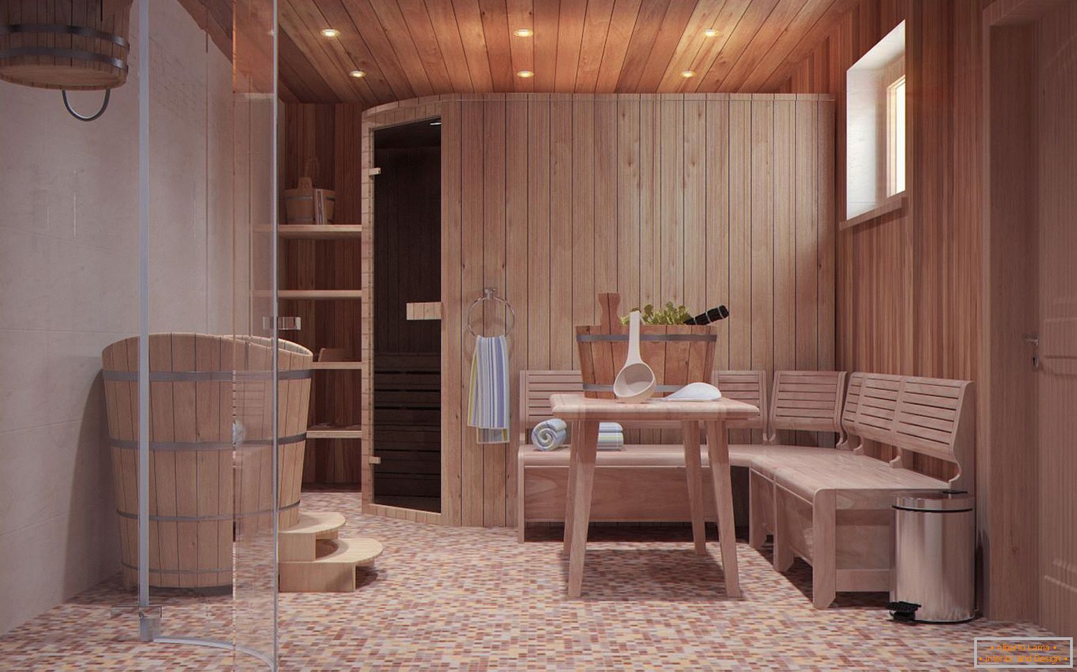 Pokój relaksacyjny w łaźni w stylu skandynawskim