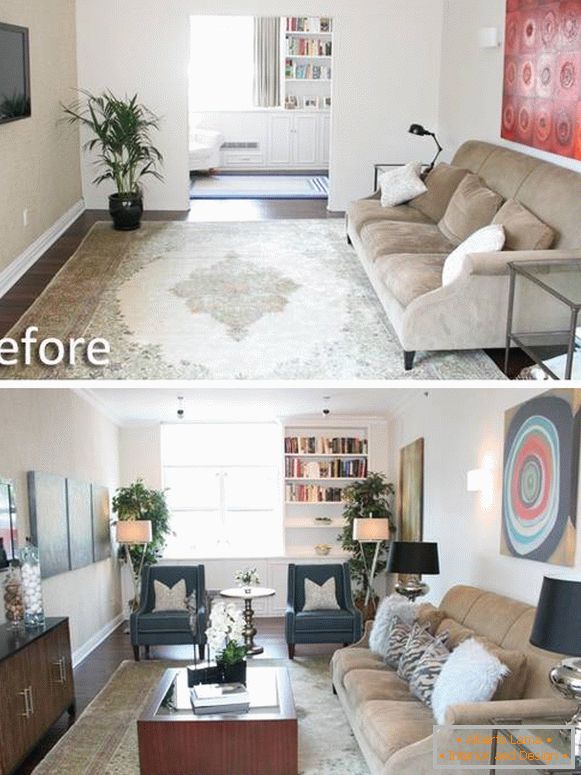 Zdjęcie salonu w prywatnym domu przed i po