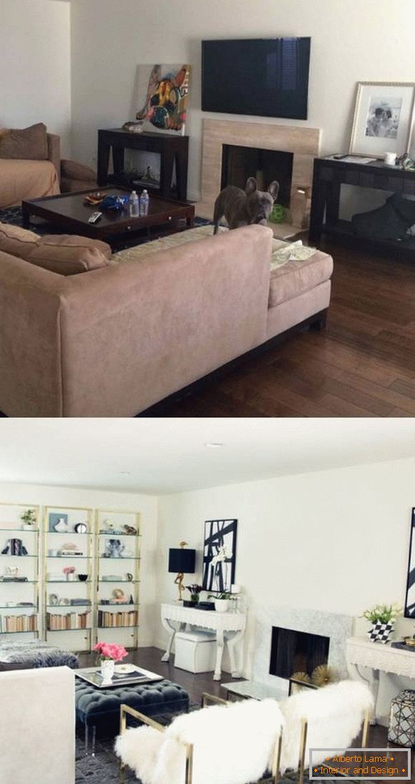 Wnętrza salonu prywatnego domu przed i po