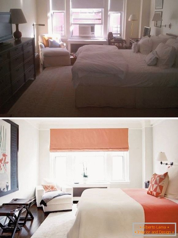Nowy jasny projekt sypialni przed i po zdjęciach