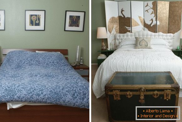 Wnętrze sypialni w prywatnym domu przed i po naprawach