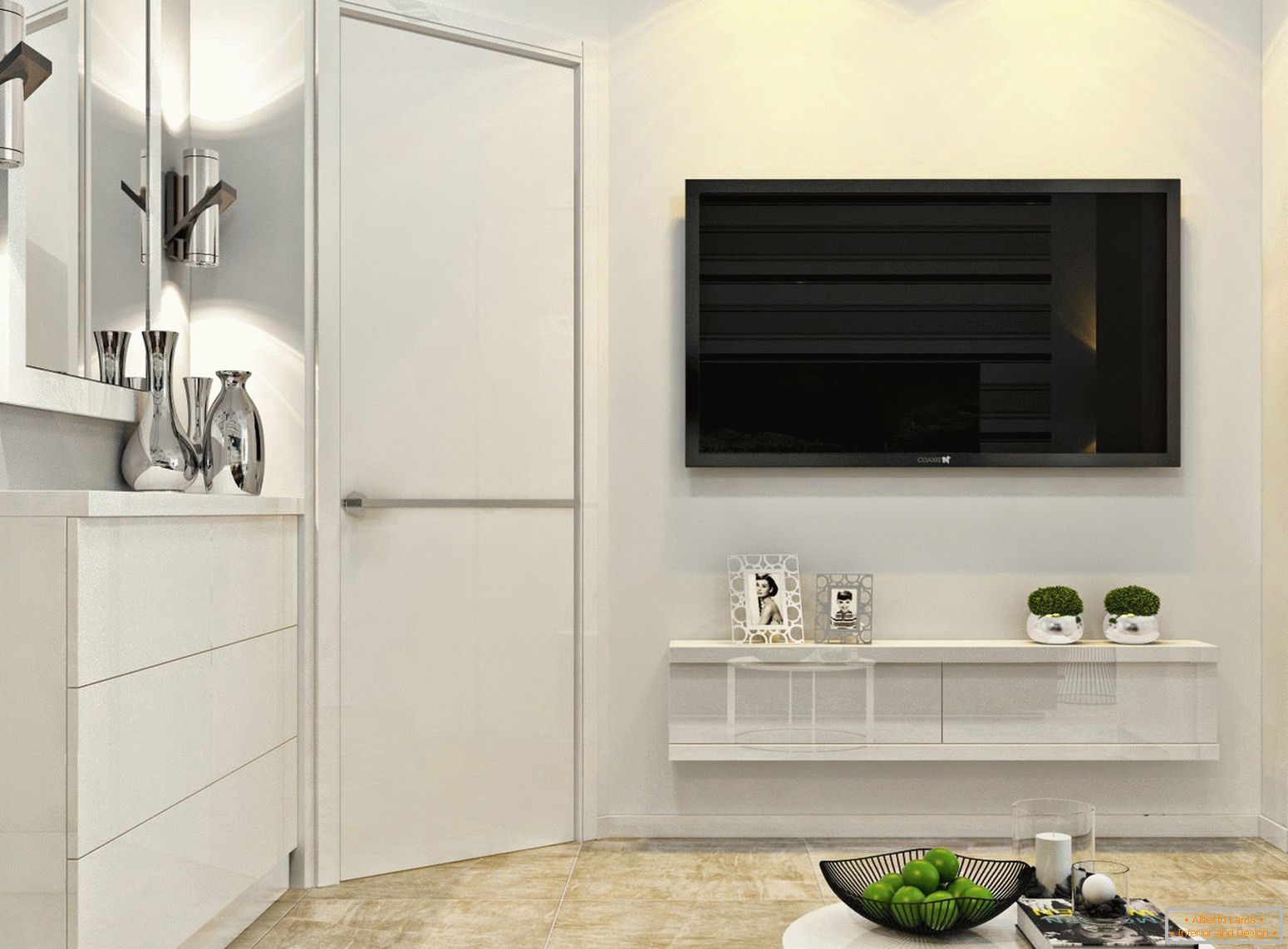 TV na ścianie we wnętrzu białego minimalizmu