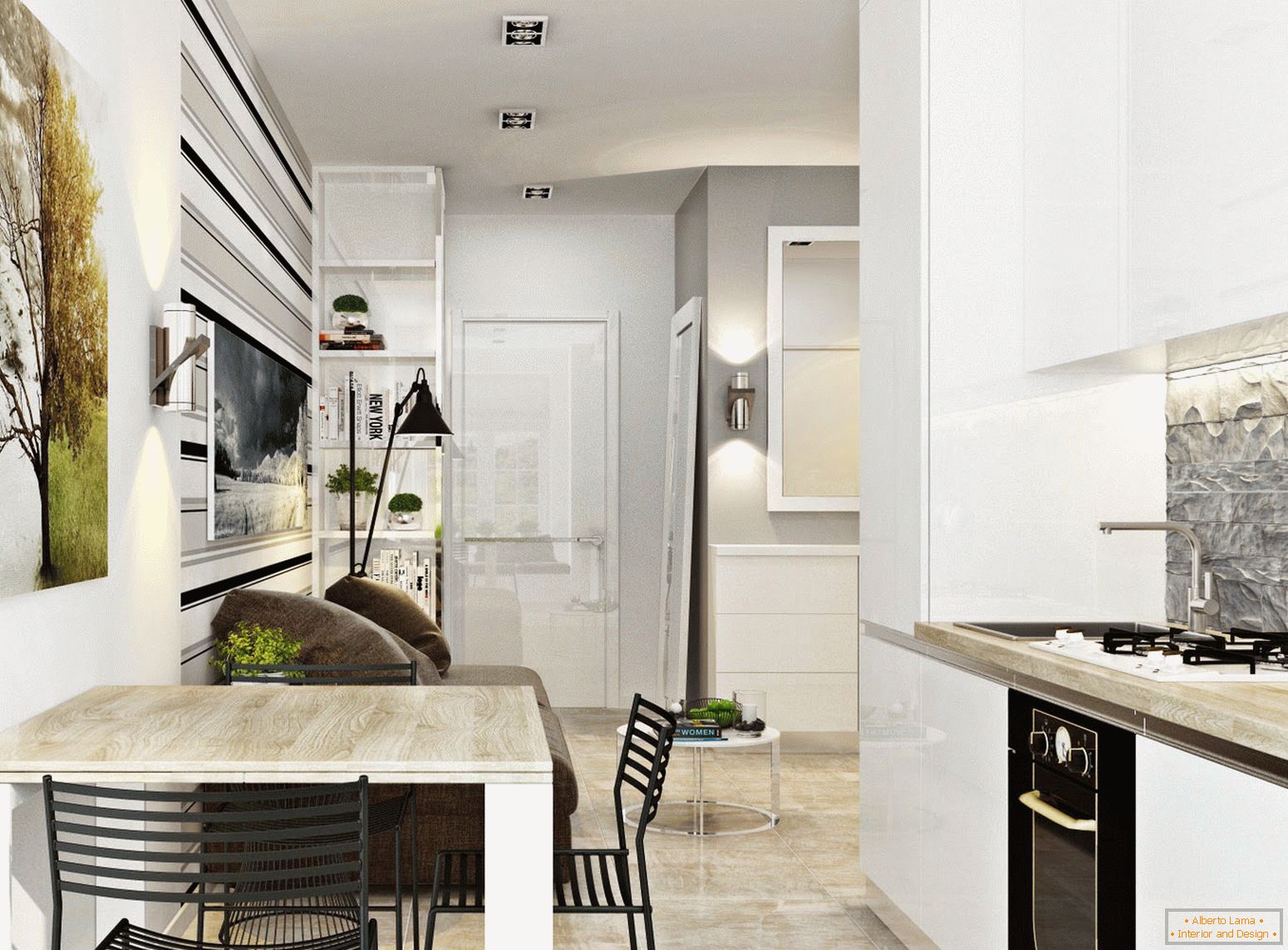 Wnętrze kuchni i jadalni w stylu białego minimalizmu