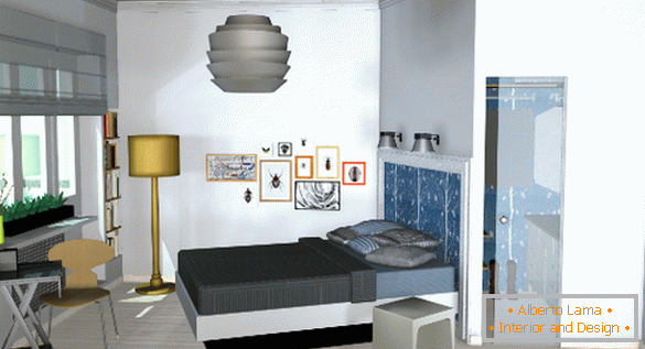 Wnętrze małego mieszkania: sypialnia z garderobą