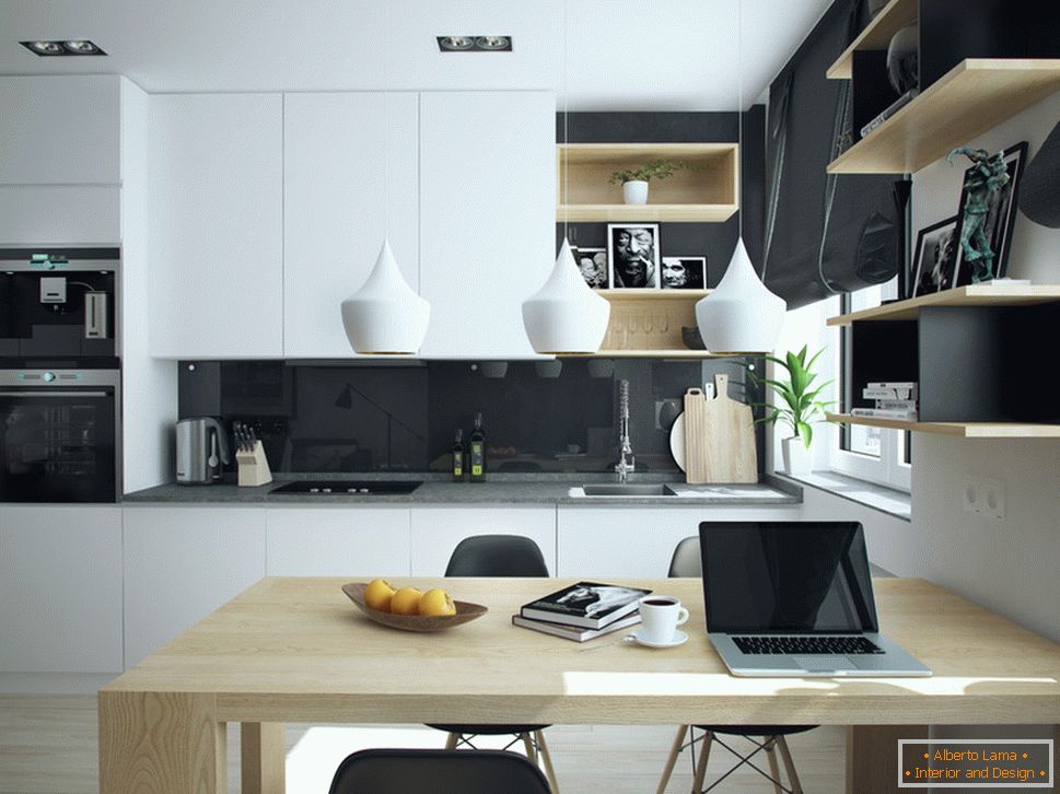 Wnętrze małego mieszkania w kontrastowych kolorach - кухня