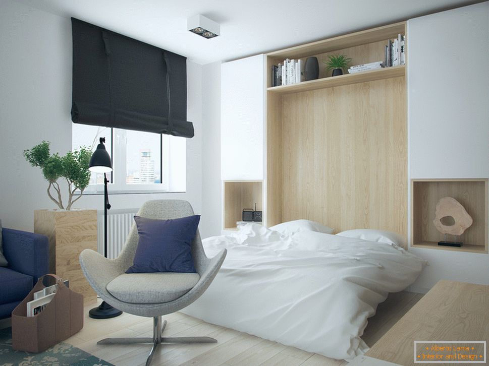 Wnętrze małego mieszkania w kontrastowych kolorach - спальня