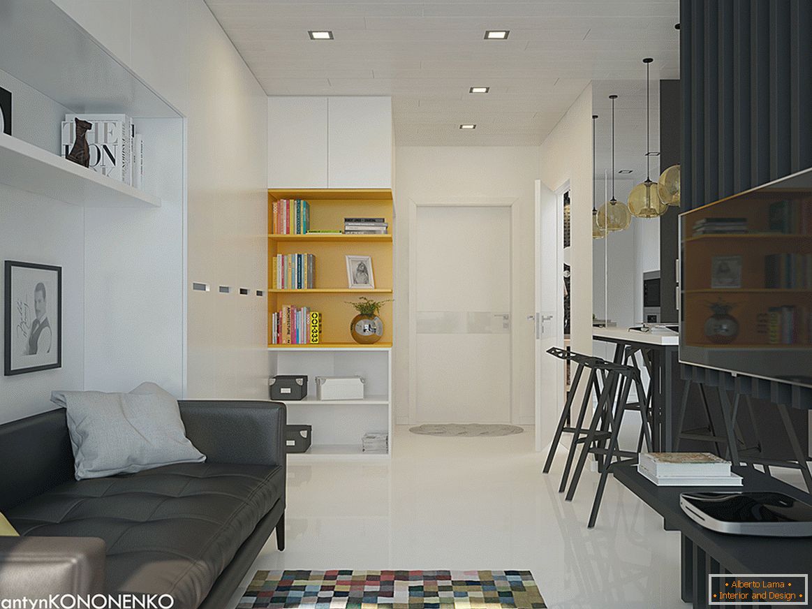 Wnętrze małego mieszkania w kontrastowych kolorach - гостиная