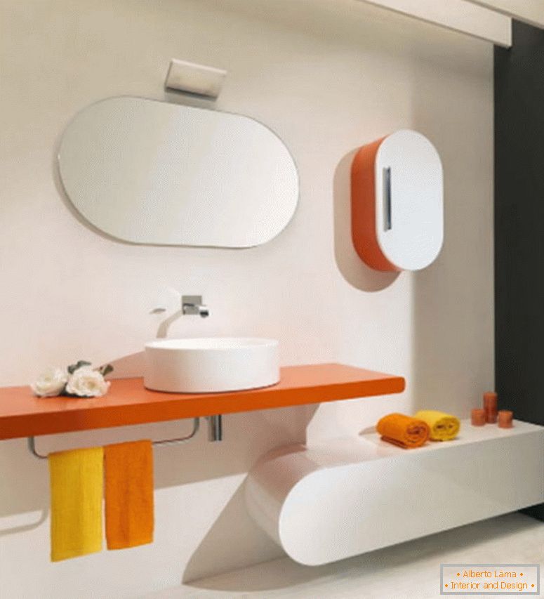 piękno-biała koncepcja-dom-wnętrze-projekt-dla-nowoczesnej-z pomarańczowym-pływającym-stelażem-ma-porcelanę-naczynie-zlew-i-wieszak-ręcznik-plus-owalne-ściana-lustro-bezramowe- z nowymi łazienkami-pomysłami i luksusem-ba