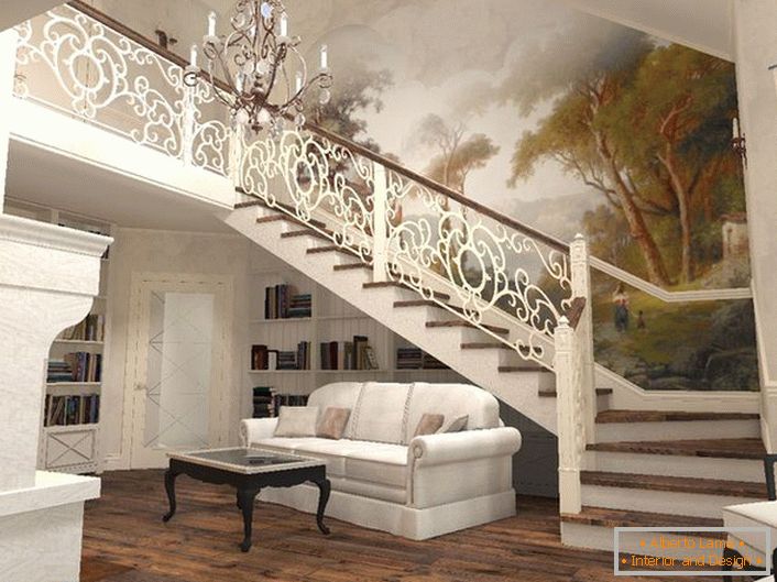 Uderzająca harmonia eleganckich schodów i wnętrza domu w stylu śródziemnomorskim.
