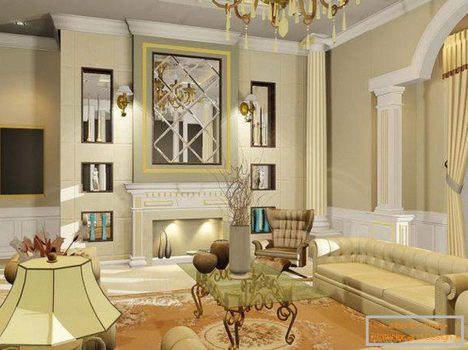 Projekt wnętrz salonu w prywatnym domu w stylu klasycznym