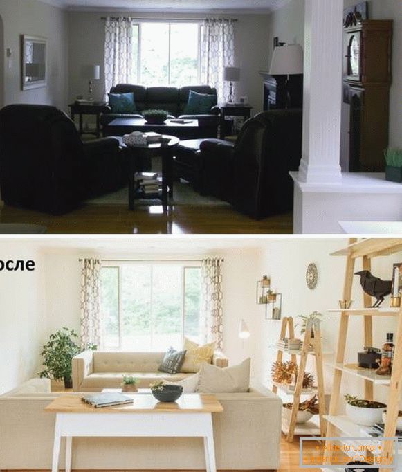 Rozmieszczenie mebli w salonie przed i po zmianie