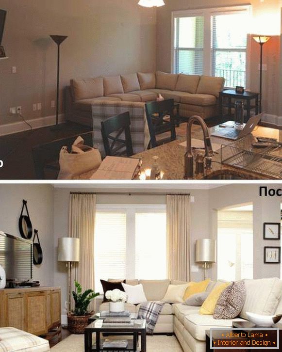 Warianty aranżacji mebli w salonie na zdjęciu przed i po