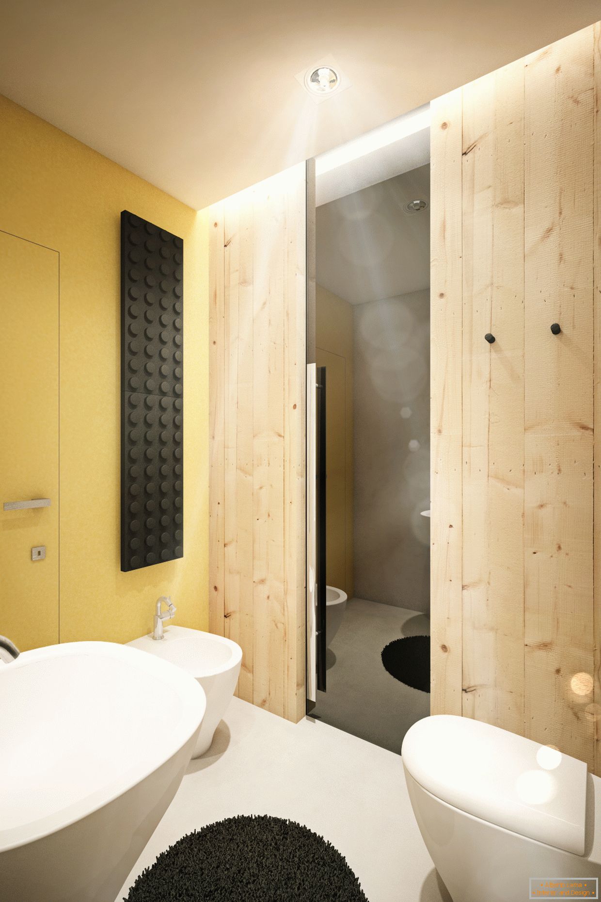 Drewniana ściana z lustrem w łazience