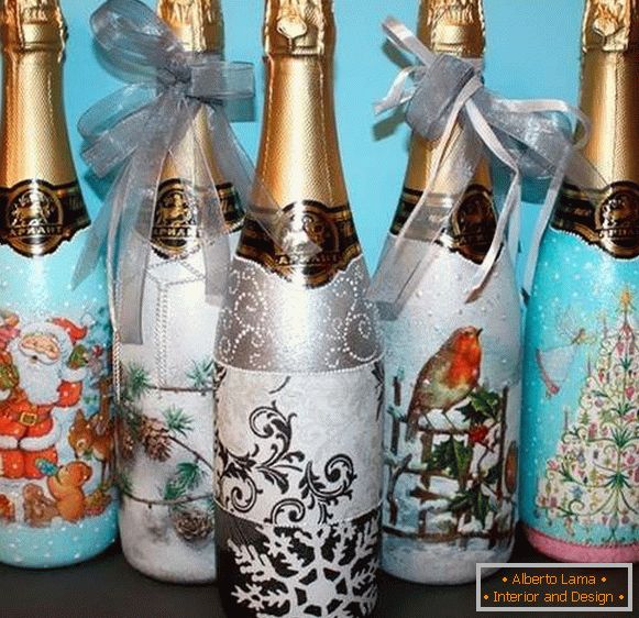 Decoupage i wystrój butelki szampana na Nowy Rok