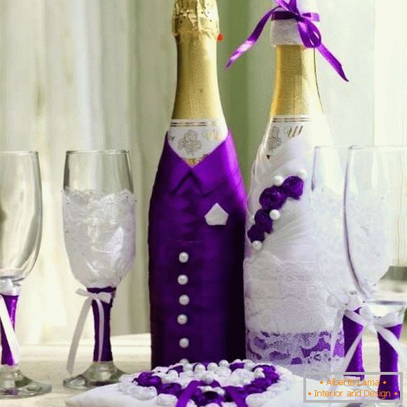 Dekoracja butelek szampana na wesele - narzeczeni