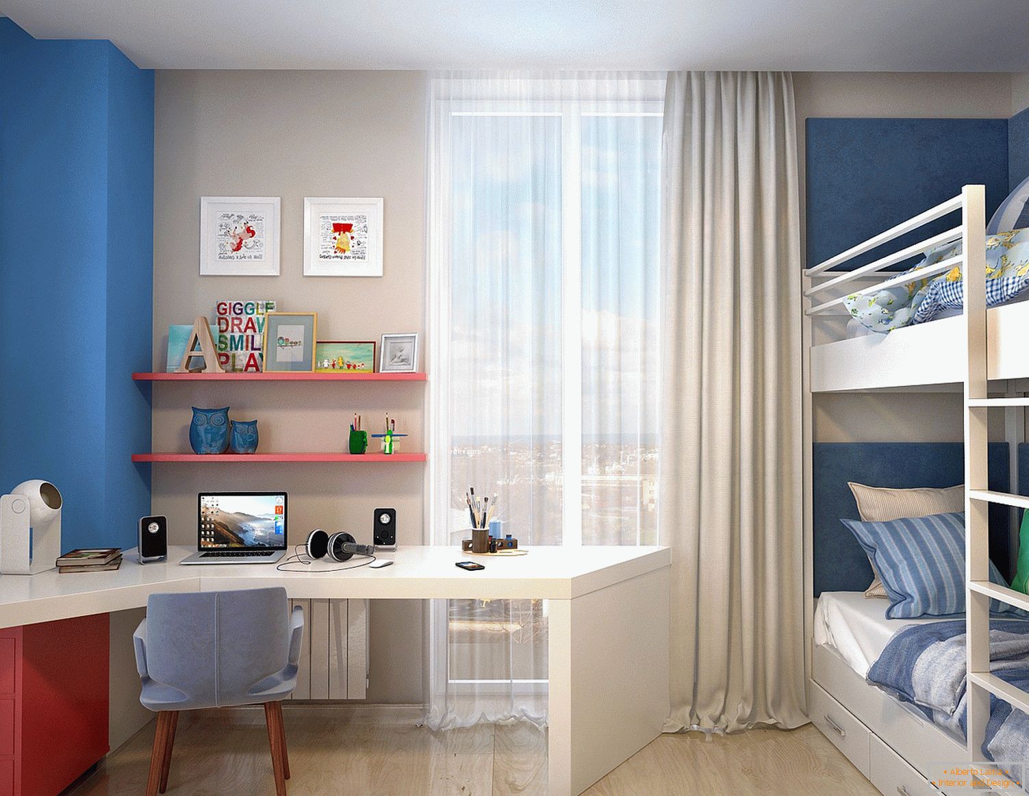 Mały pokój dziecięcy z łóżkiem piętrowym dla dwójki dzieci
