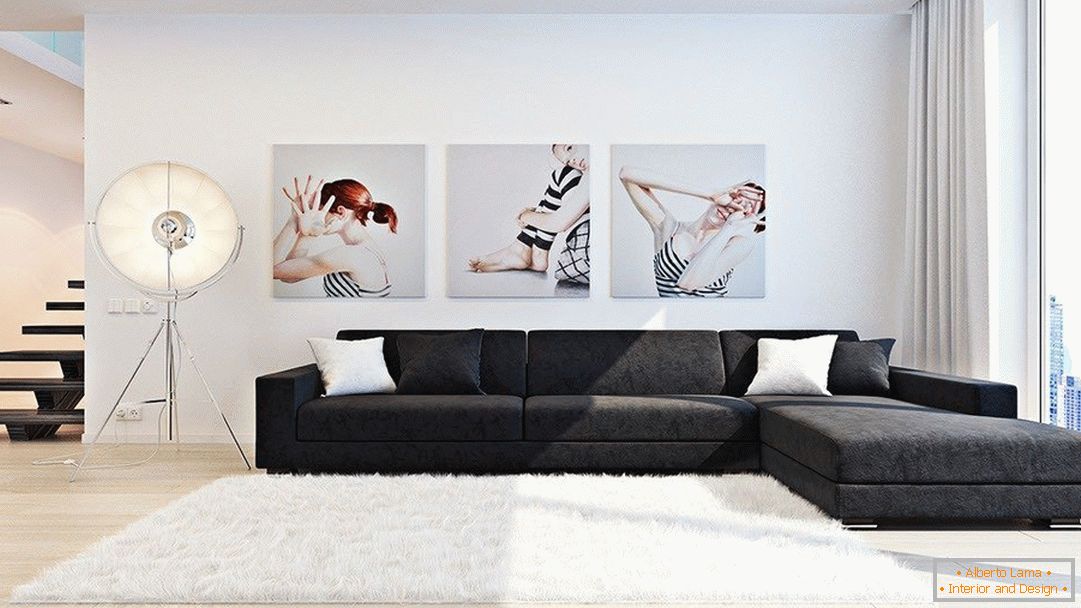 Salon w stylu minimalistycznym z obrazami