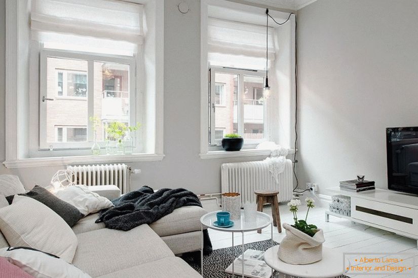 Salon apartamentu typu studio w stylu skandynawskim