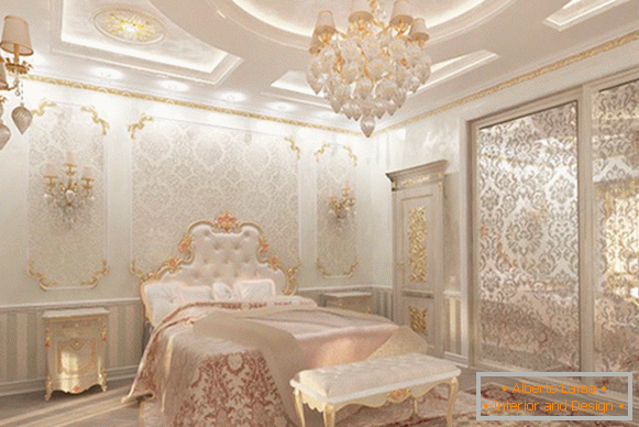 Wnętrze sypialni z wystrojem sztukaterie w stylu luksusu