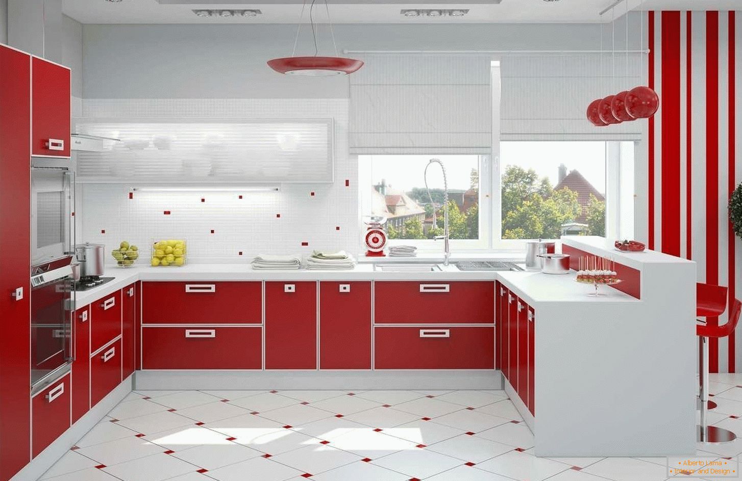 Czerwone i białe wnętrze kuchni