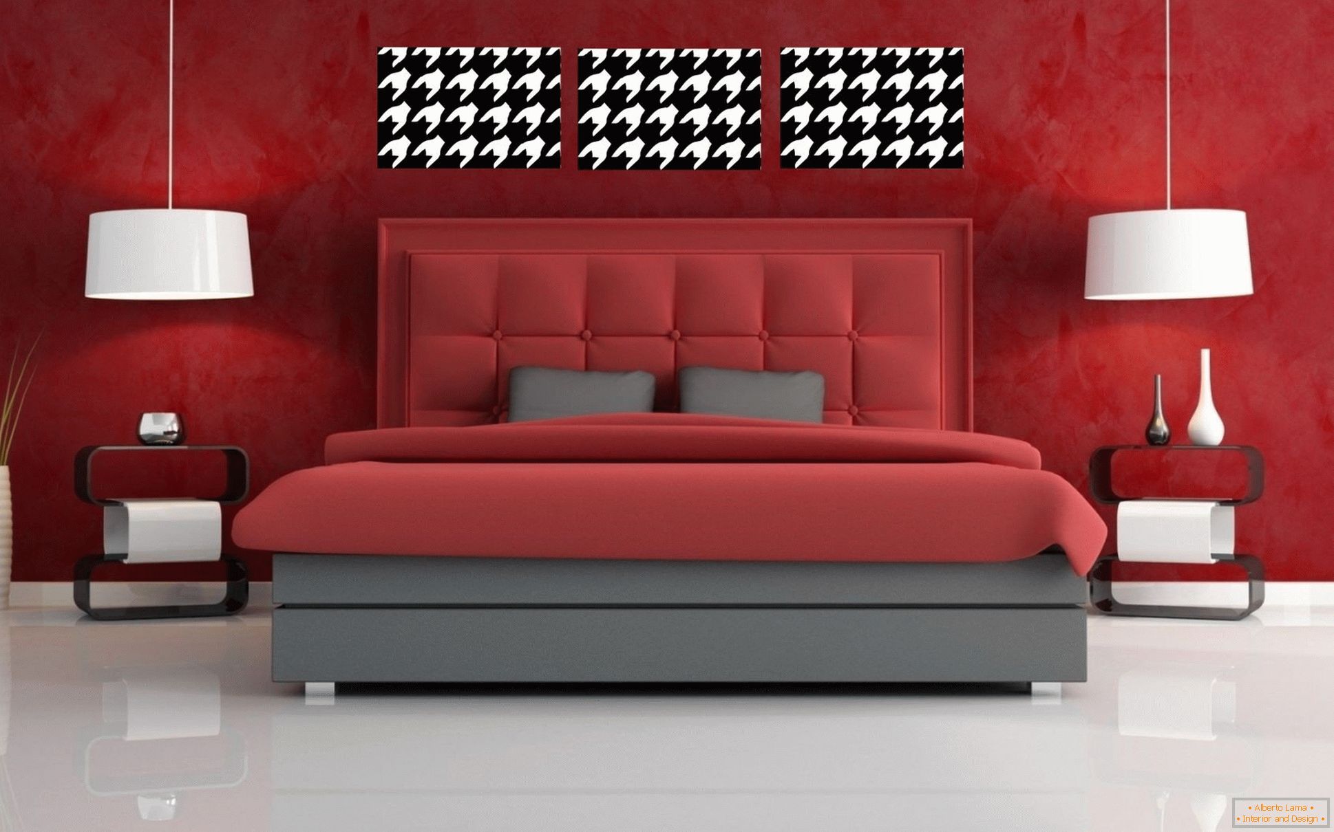 Biała podłoga i czerwone ściany w sypialni