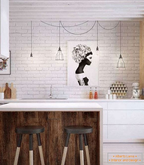 Biały ceglany mur w kuchni w stylu loft