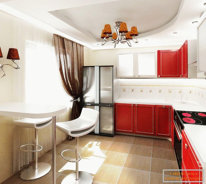 Zaprojektuj projekt do kuchni w zwykłym mieszkaniu w Moskwie. Kontrastowe połączenie kolorów, funkcjonalne meble, nie obciążone meblami, lakoniczne oświetlenie - wskaźniki nieskazitelnego stylu właściciela mieszkania.