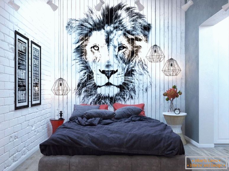 stylowa sypialnia z loftem z wizerunkiem lwa