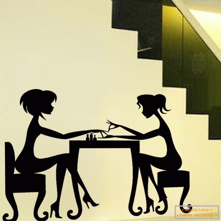 Piękna designerska naklejka jest poważna. Frenchwomen przy stoliku kawiarnianym.