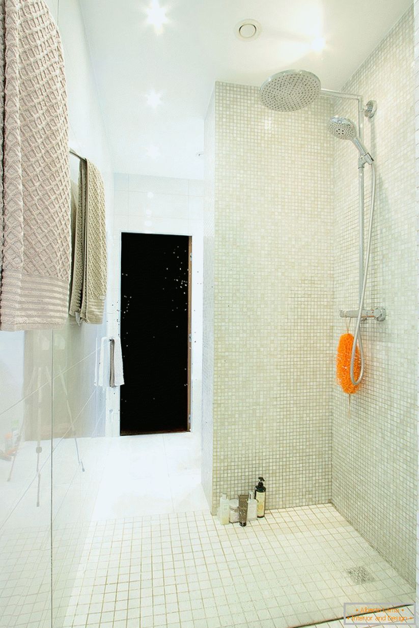 Wewnętrzna łazienka z prysznicem w przestronnym jednopokojowym mieszkaniu
