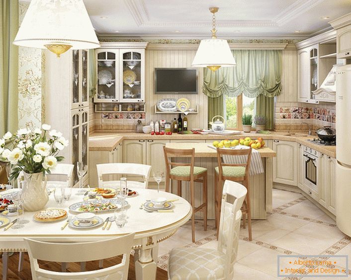 Kuchnia urządzona w stylu wiejskiego kraju połączona jest z salonem. Prawidłowe ułożenie lekkich i dekoracyjnych akcentów czyni pokój atrakcyjnym i wyrafinowanym.