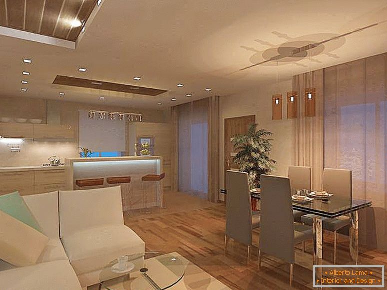Minimalistyczny salon połączony jest z kuchnią. Dla minimalistycznego stylu zastosowanie żyrandoli sufitowych nie jest typowe, najlepszym rozwiązaniem jest punktowe oświetlenie LED.