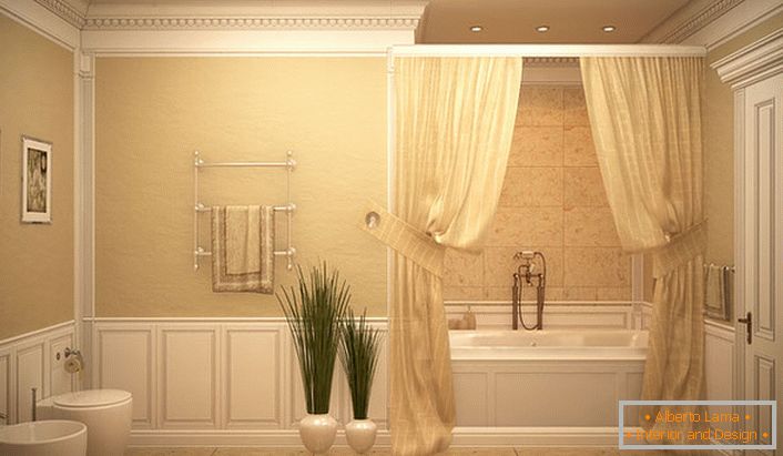 Łazienka jest pokryta lekkimi zasłonami w stylu romantyzmu.
