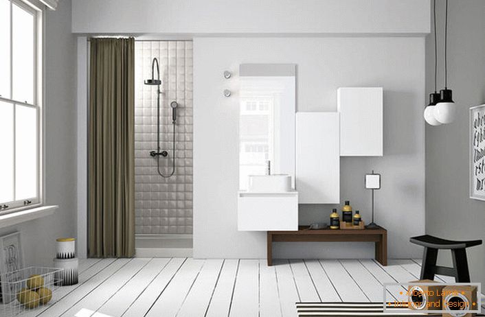 We wnętrzu łazienki w skandynawskim stylu szczególnie atrakcyjna jest wypolerowana podłoga. 