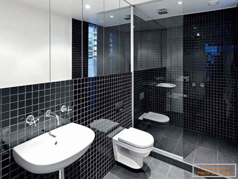 minimalistyczny wystrój wnętrza połączony z czarną łazienką pomysły na nowoczesną łazienkę z meblami z porcelanowym zlewem i ścianą kurek pod dużym lustrem ściennym